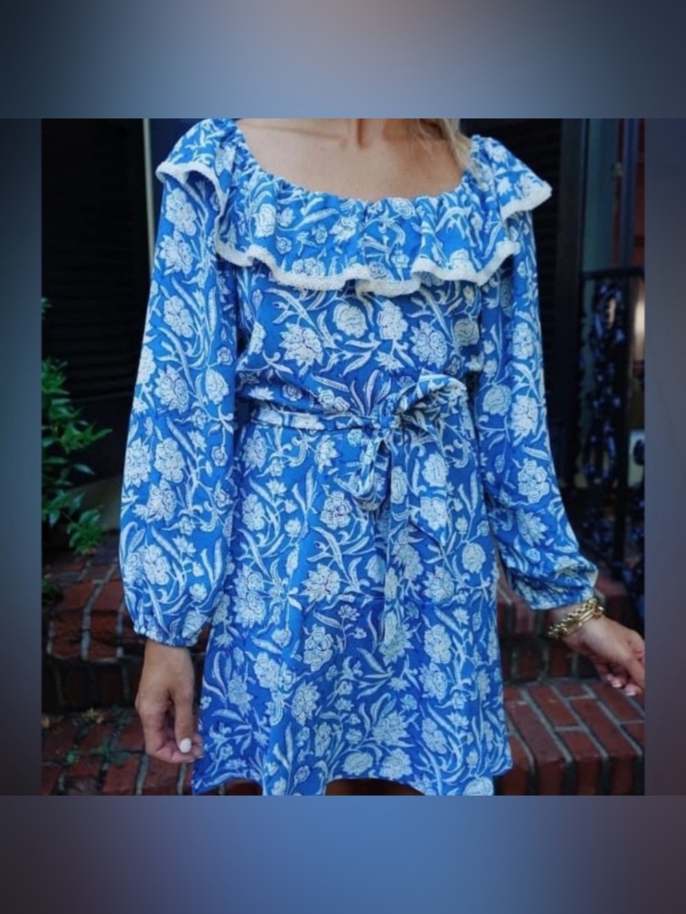 Smith & Quinn NWT Lace Trim Ruffle Neck Long Sleeve Blue Floral Dress Large - Picture 6 of 7